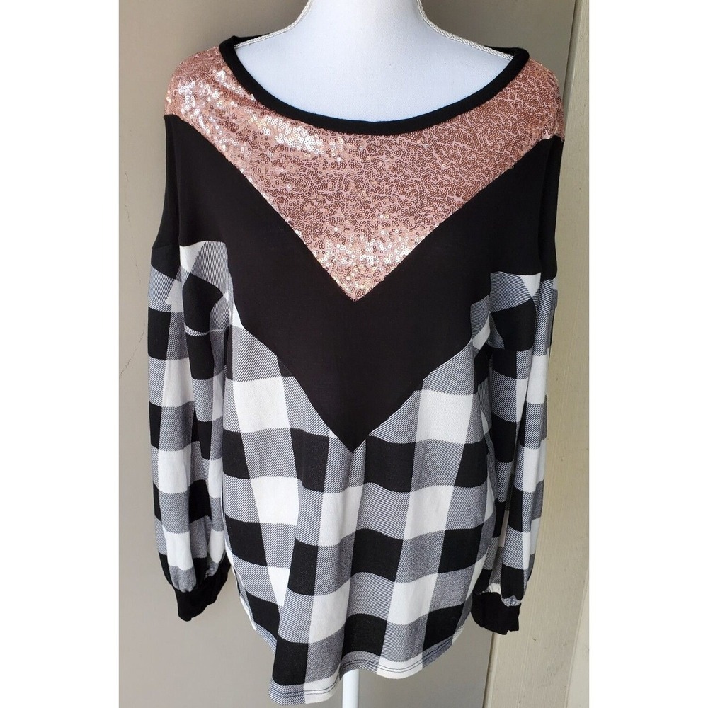 BiBi Pullover Blouse Womens Small Black White Plaid Pink Embellished Sequin Top